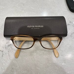 Oliver Peeples tortoise shell designer eyeglass frames and case.